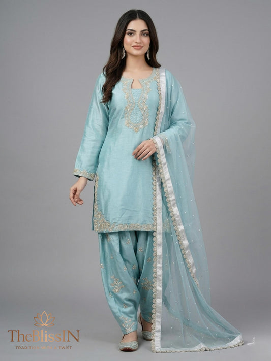 Embroidered Blue Silk Farshi Cord Set with Organza Dupatta, Punjabi Style Suit