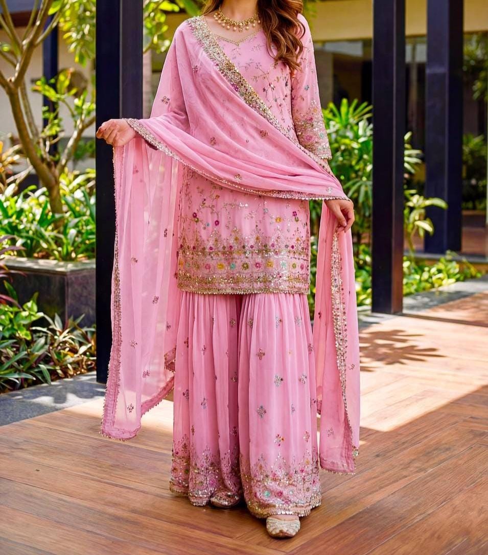 Blush Pink Faux Georgette Hand Embroidered Sharara Suit Set - Festival Wear ,  Styled Sharara