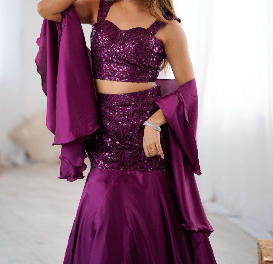 Plum Sequin Embroidered Lehenga Choli Set with Flowy Sleeves