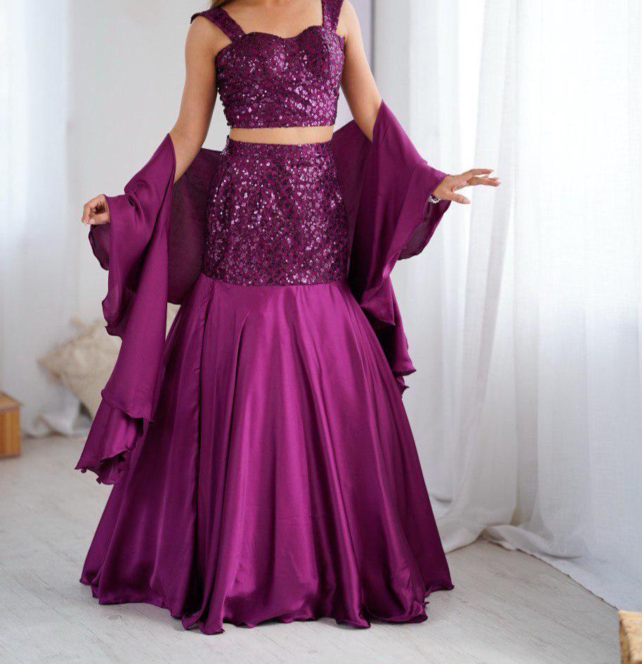 Plum Sequin Embroidered Lehenga Choli Set with Flowy Sleeves