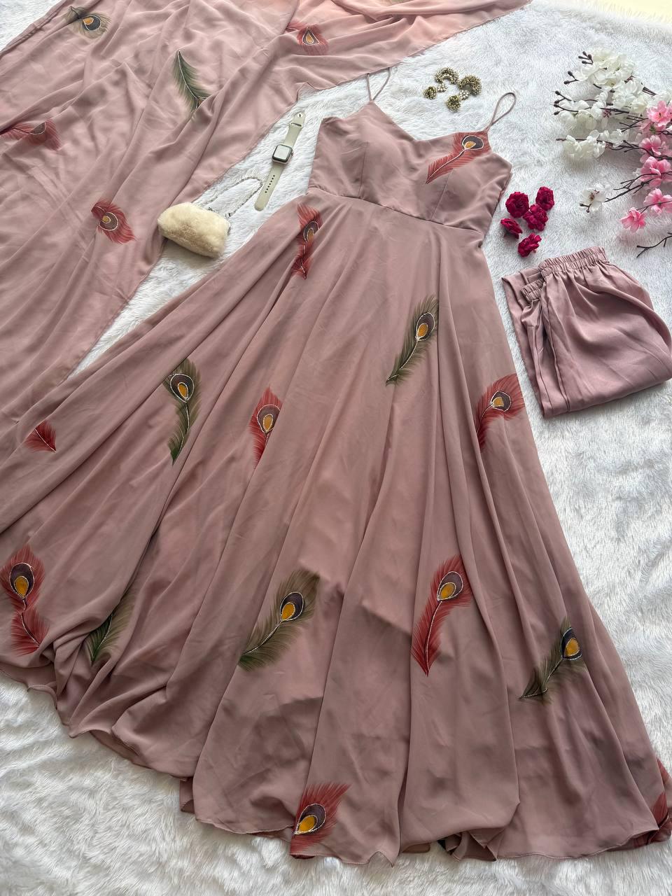 Dusty Pink Peacock Feather Print Women's Dress & Pants Set