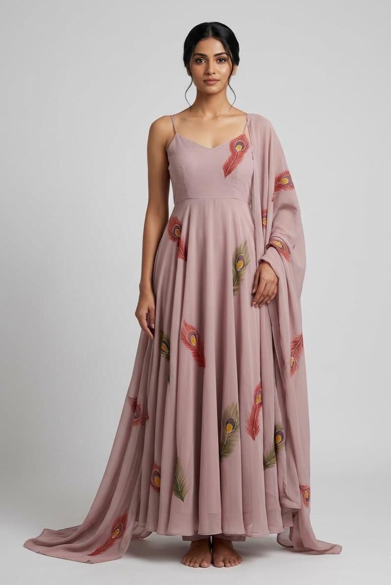 Dusty Pink Peacock Feather Print Women's Dress & Pants Set
