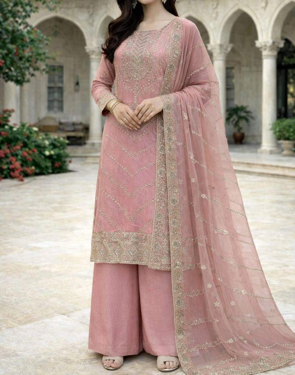 Luxury Friendly Silk Embroidery Sequence Work Kurta Palazzo Set with Dupatta