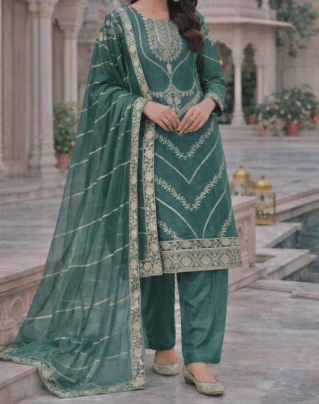 Designer Silk Kurti Palazzo Set with Embroidery Sequence Work & Dupatta