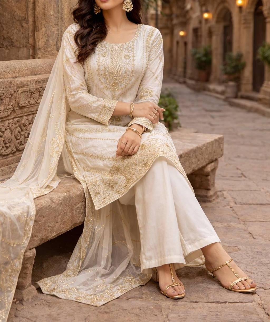 Elegant Silk Embroidered Kurta Palazzo Suit Set with Dupatta – Festive Wear