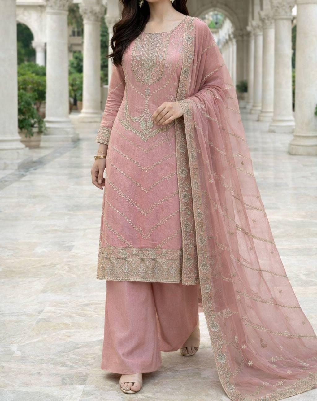 Luxury Friendly Silk Embroidery Sequence Work Kurta Palazzo Set with Dupatta