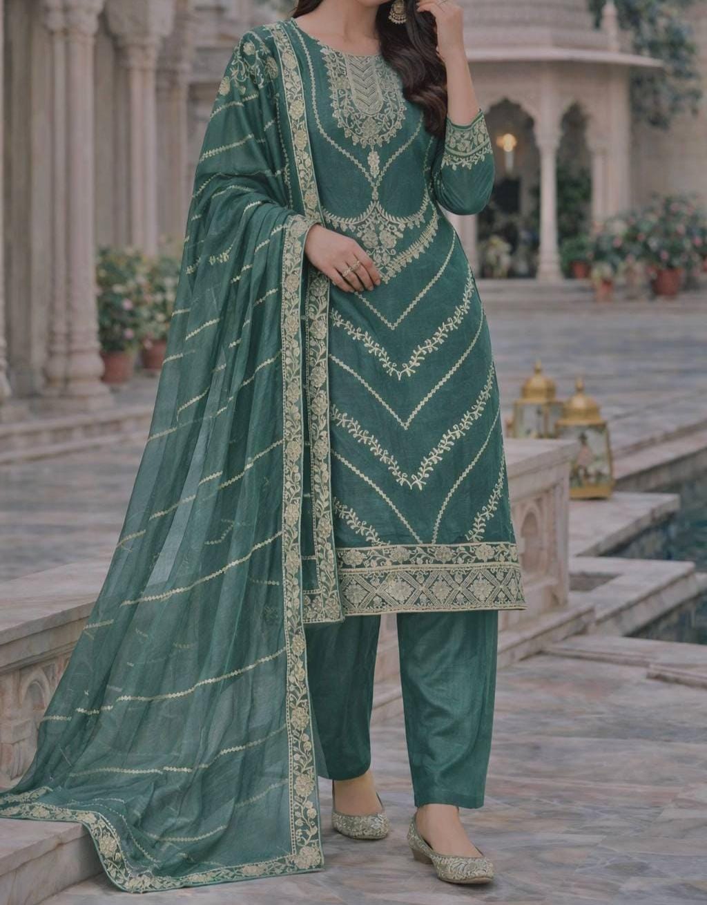 Designer Silk Kurti Palazzo Set with Embroidery Sequence Work & Dupatta