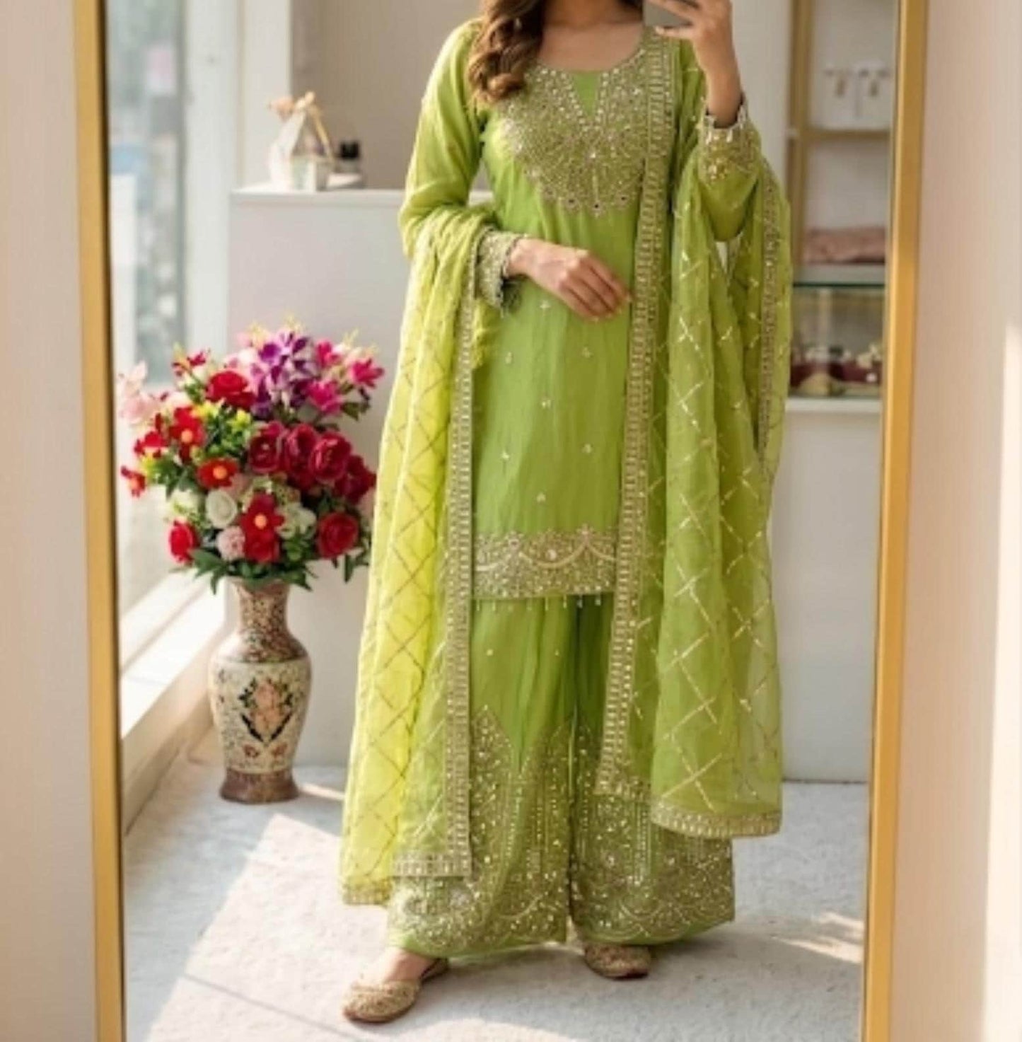 Luxury Silk Embroidered Sharara Suit Set with Dupatta for Wedding & Festive Wear