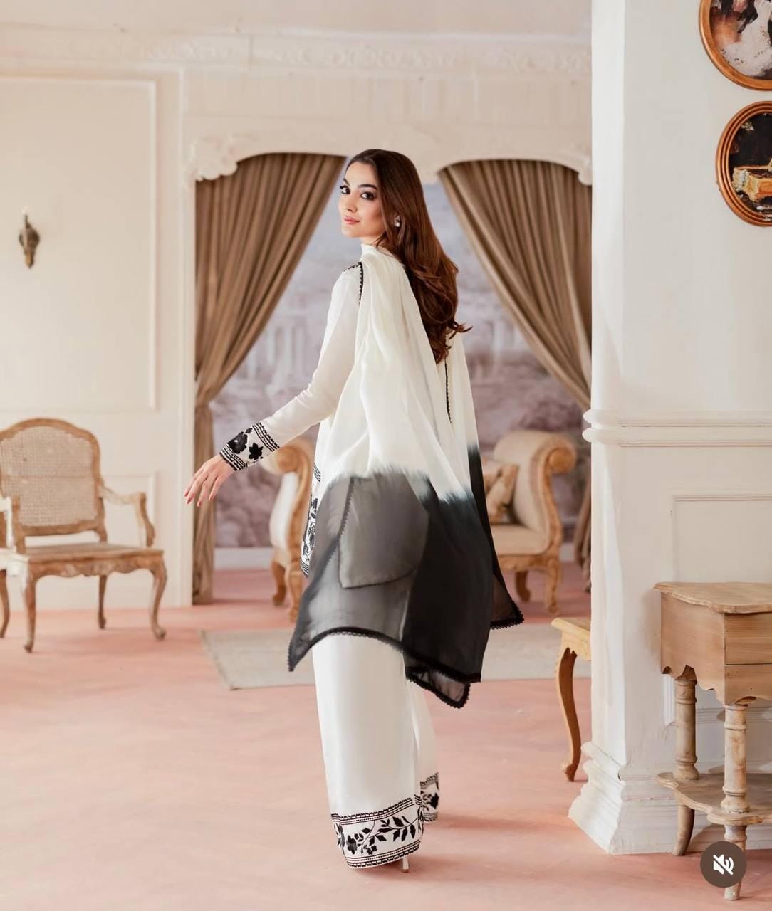 White Farsi Suit Black Embroidery Palazzo Set, Pakistani Ready Wear