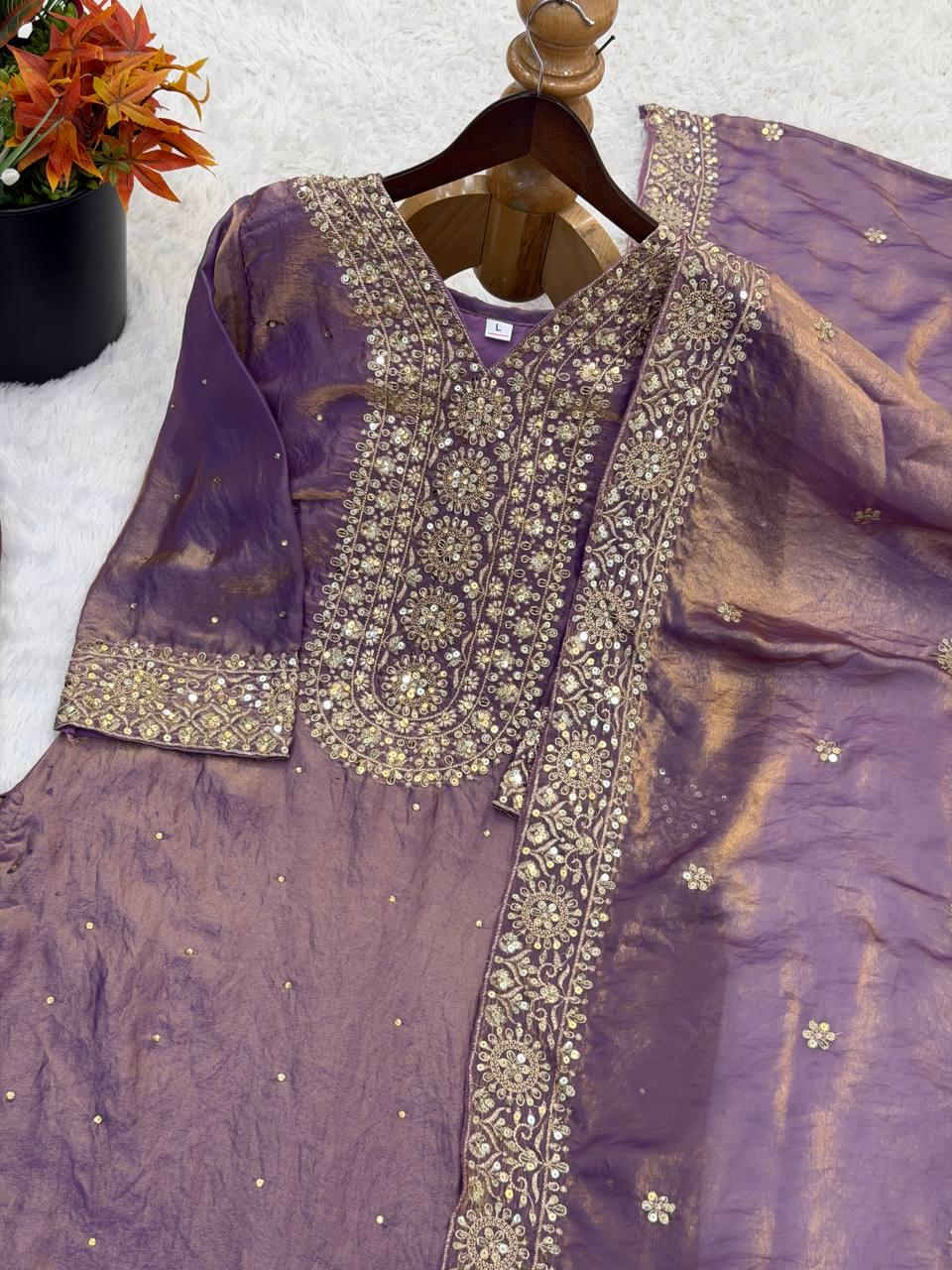 Women's Purple Silk Embroidered Kurta with Palazzo & Dupatta Online