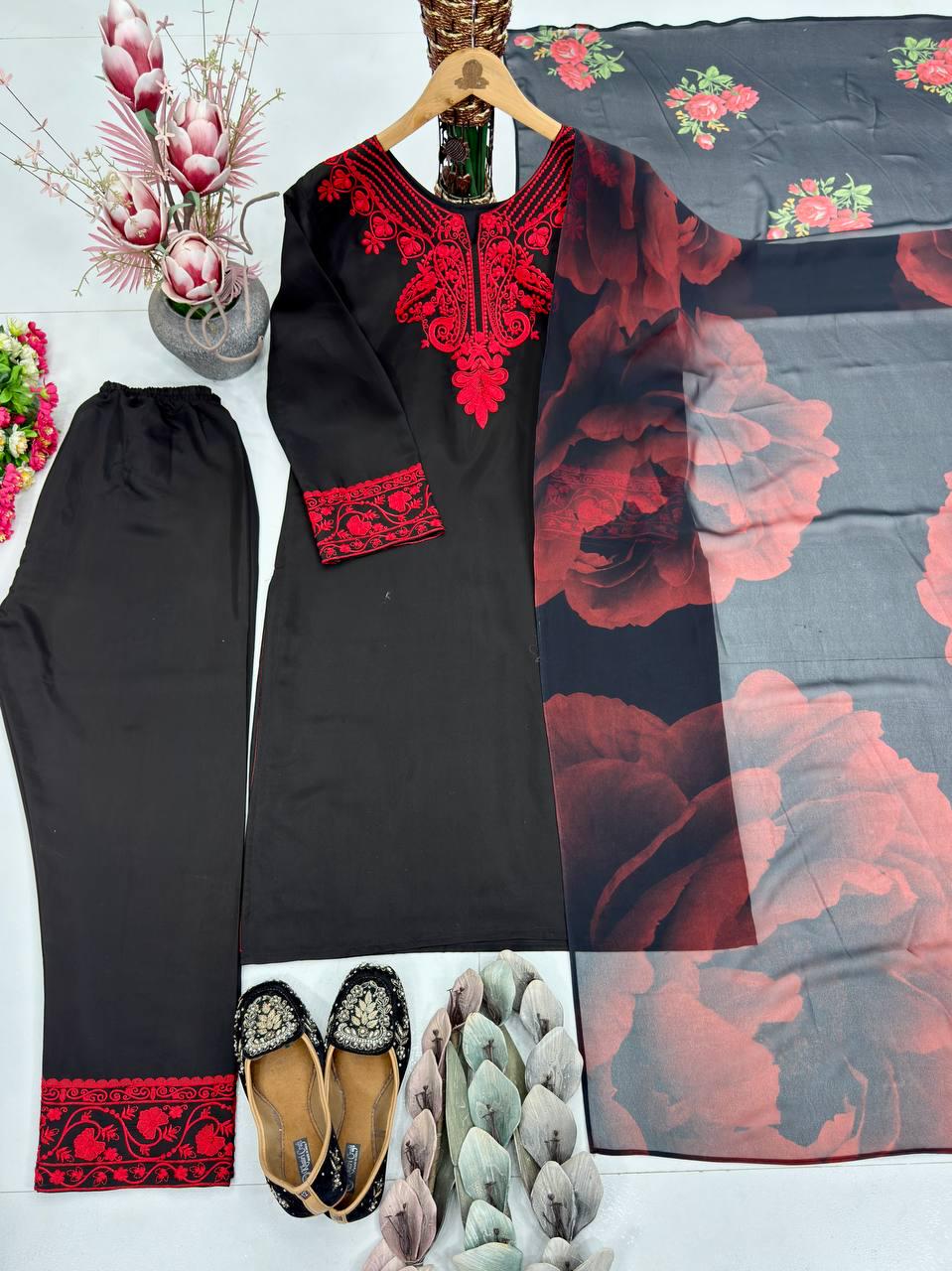 Red Embroidered Black Farshi Salwar Kameez With Dupatta , Pakistani Outfit