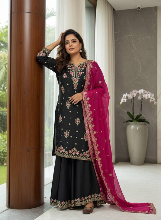 Black Embroidered Kurti with Sharara & Pink Dupatta | Elegant Festive Ethnic Suit Set