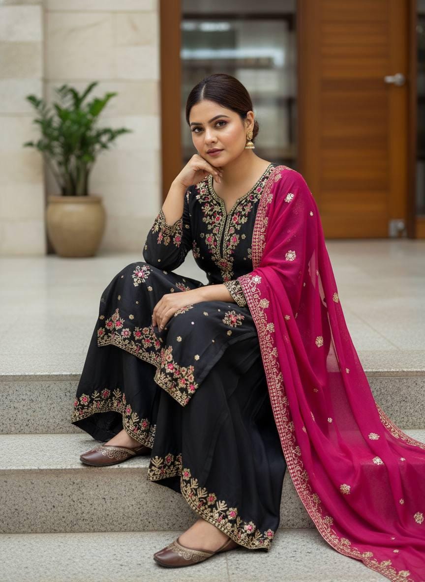 Black Embroidered Kurti with Sharara & Pink Dupatta | Elegant Festive Ethnic Suit Set