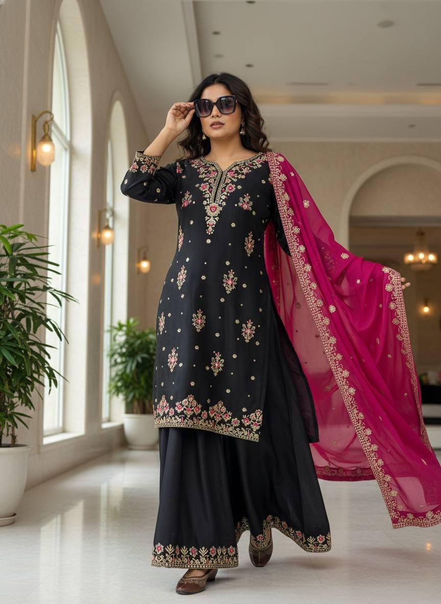 Black Embroidered Kurti with Sharara & Pink Dupatta | Elegant Festive Ethnic Suit Set