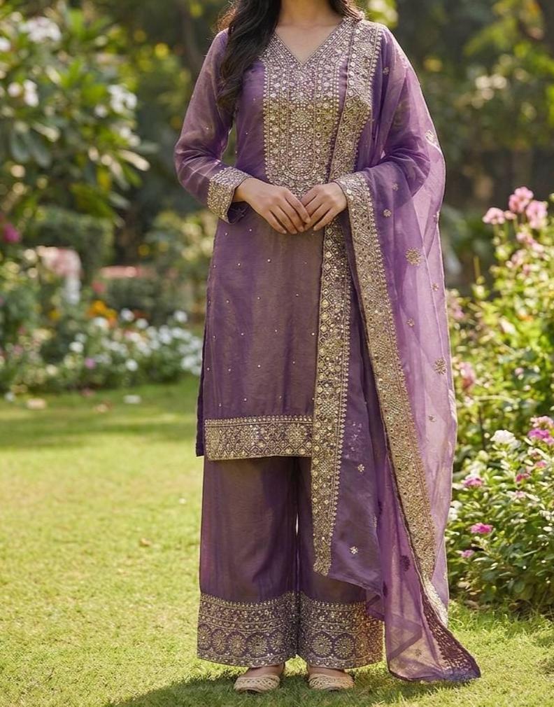 Women's Purple Silk Embroidered Kurta with Palazzo & Dupatta Online