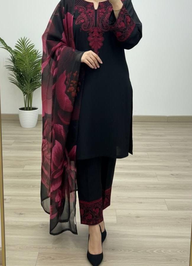 Red Embroidered Black Farshi Salwar Kameez With Dupatta , Pakistani Outfit