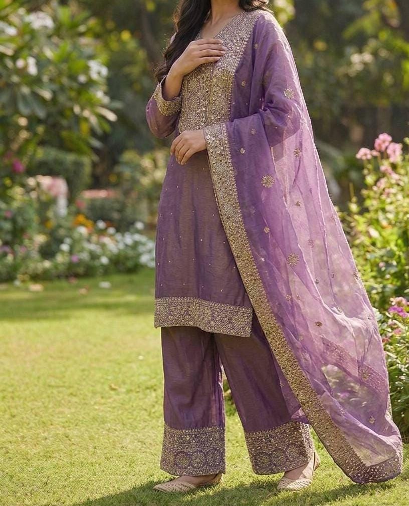 Women's Purple Silk Embroidered Kurta with Palazzo & Dupatta Online