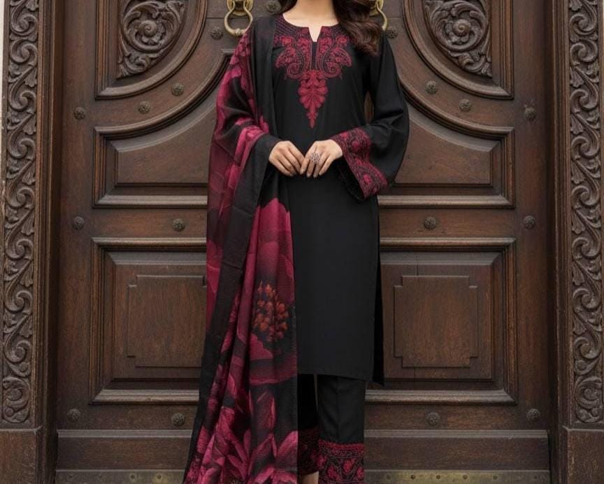 Red Embroidered Black Farshi Salwar Kameez With Dupatta , Pakistani Outfit