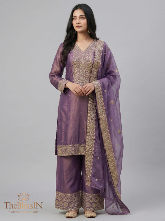 Women's Purple Silk Embroidered Kurta with Palazzo & Dupatta Online