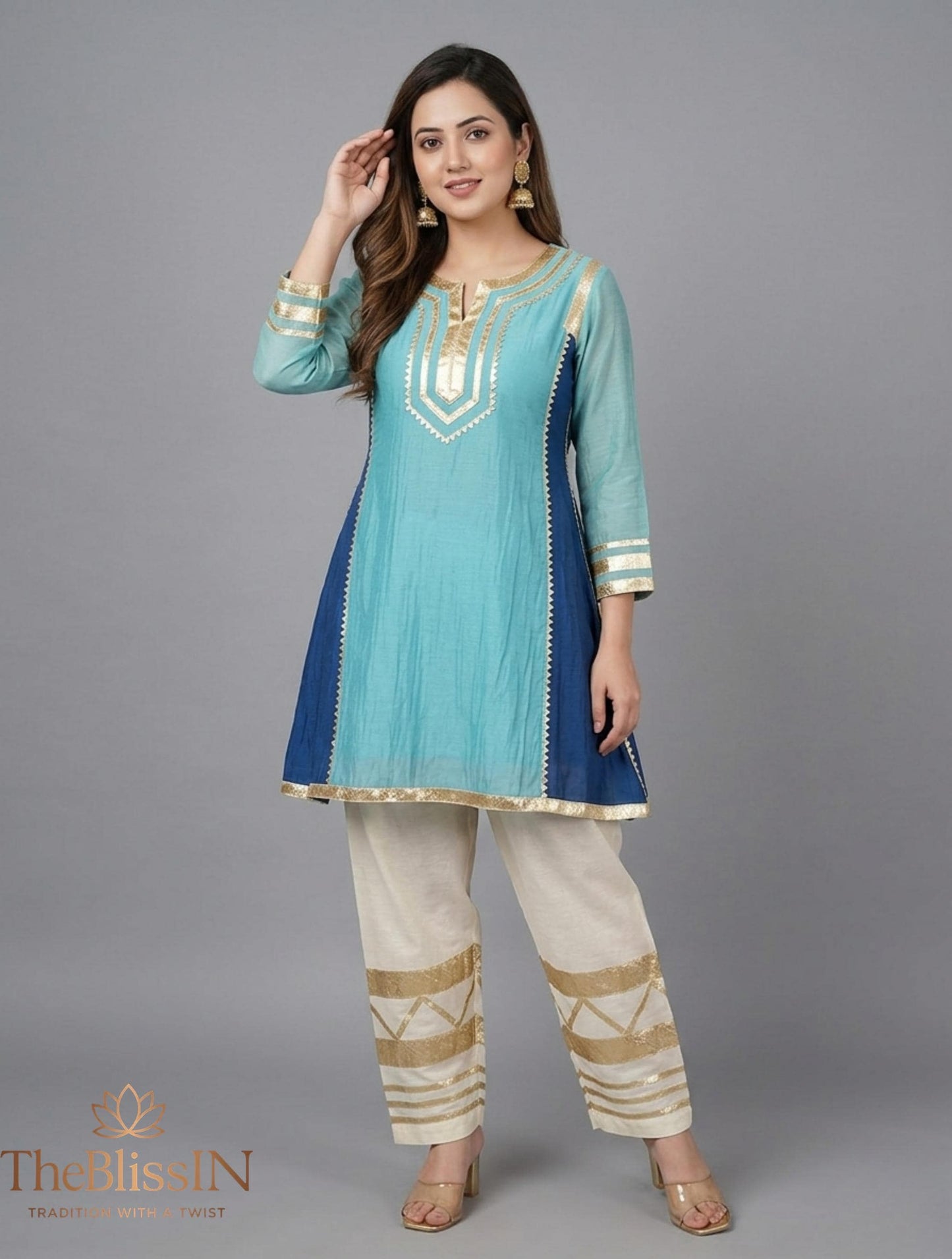 Designer Sky Blue Ethnic two Piece Suit Set , Ready to Wear
