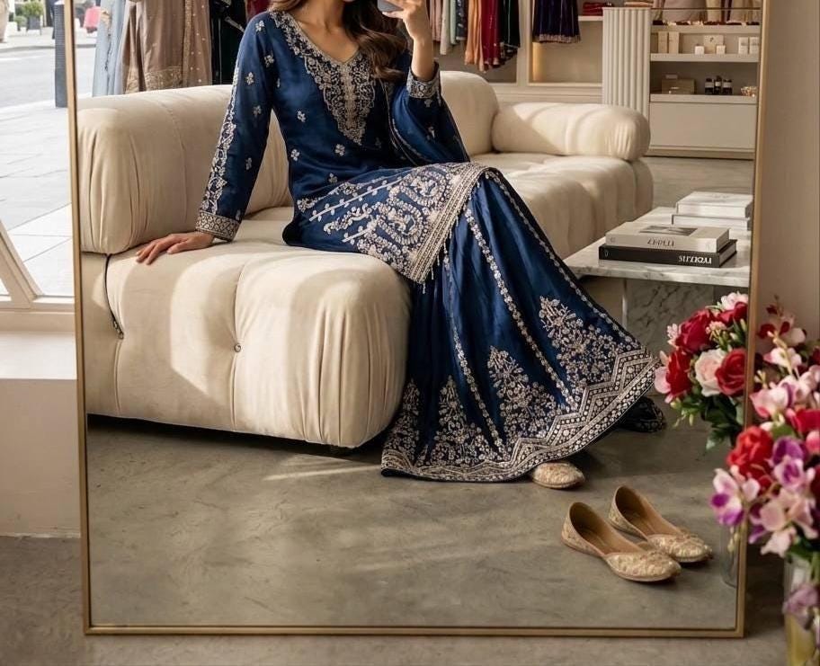 Silk Palazzo Suit Set with Embroidery and Sequins | Wedding Party Wear Kurta Dupatta