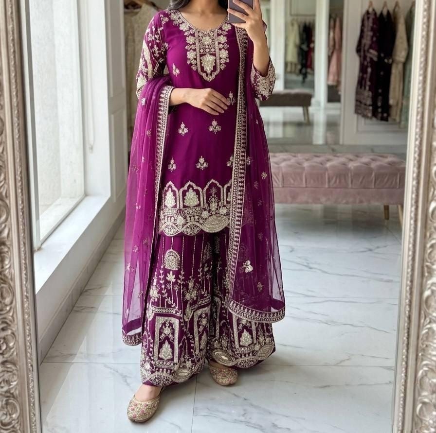Designer Georgette Palazzo Suit Set | Sequin Embroidery Kurta, Dupatta, Sharara | Bollywood Party Wear Outfit