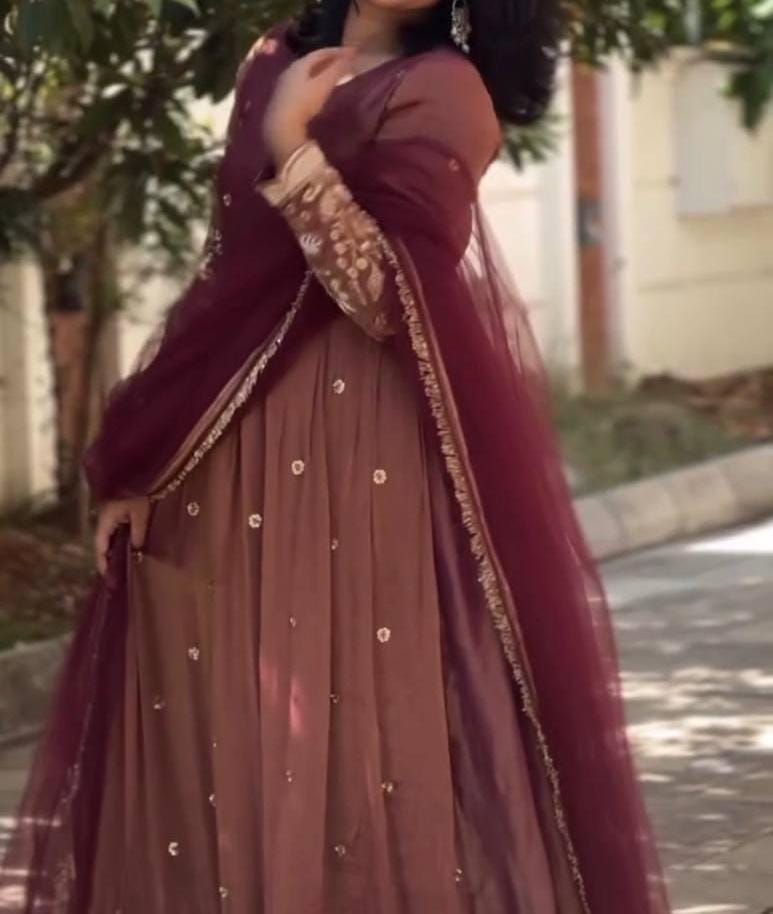 Designer Anarkali Dress | Silk Sequin Embroidery Gown with Net Dupatta | Bollywood Style Wedding Outfit