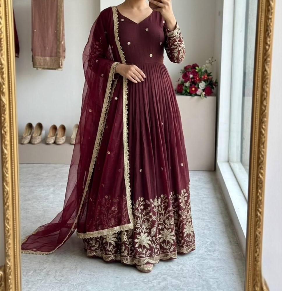 Designer Anarkali Dress | Silk Sequin Embroidery Gown with Net Dupatta | Bollywood Style Wedding Outfit