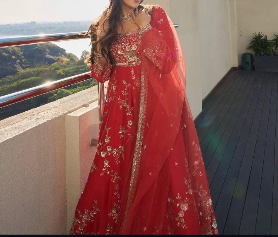 Red Georgette Anarkali Gown Set with Sequin Embroidery | Bollywood Wedding Outfit