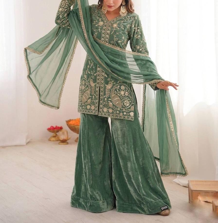 Ethnic Palazzo Set | Silk Embroidered Kurta with Dupatta | Wedding Guest Outfit