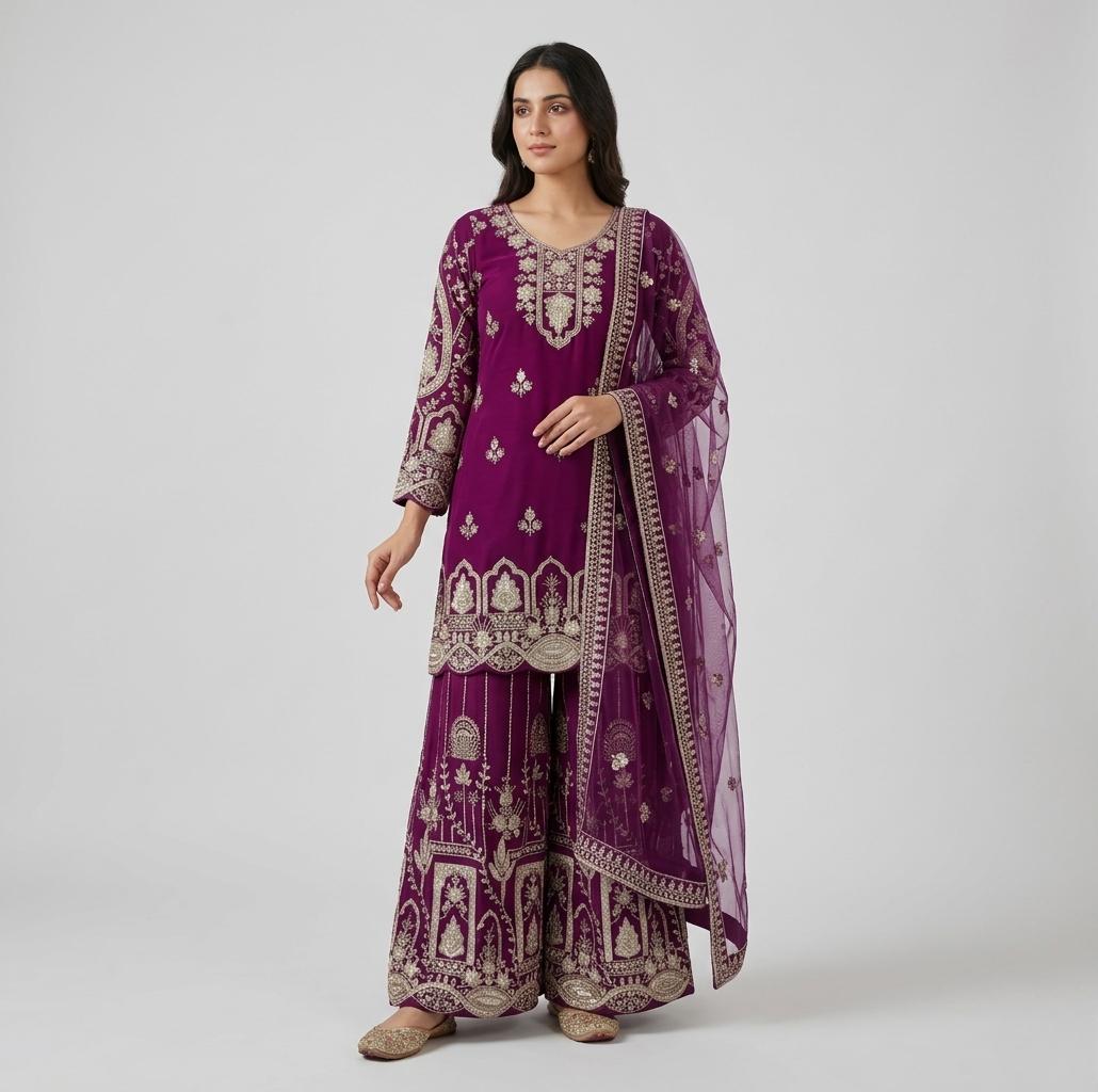 Designer Georgette Palazzo Suit Set | Sequin Embroidery Kurta, Dupatta, Sharara | Bollywood Party Wear Outfit