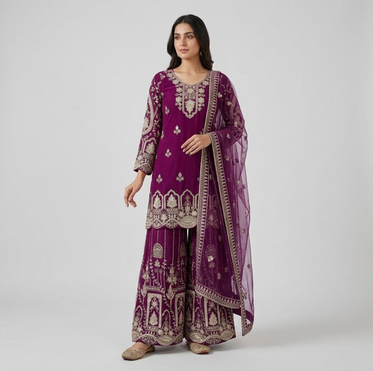 Designer Georgette Palazzo Suit Set | Sequin Embroidery Kurta, Dupatta, Sharara | Bollywood Party Wear Outfit