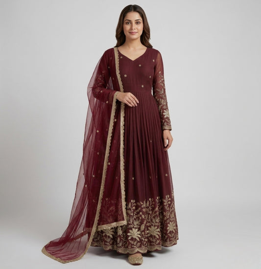 Designer Anarkali Dress | Silk Sequin Embroidery Gown with Net Dupatta | Bollywood Style Wedding Outfit