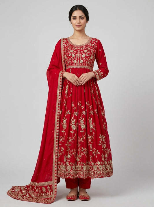 Red Georgette Anarkali Gown Set with Sequin Embroidery | Bollywood Wedding Outfit