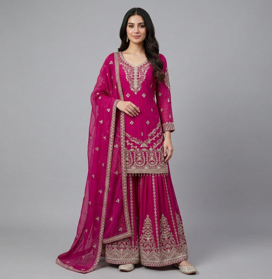Silk Palazzo Suit Set with Embroidery and Sequins | Wedding Party Wear Kurta Dupatta