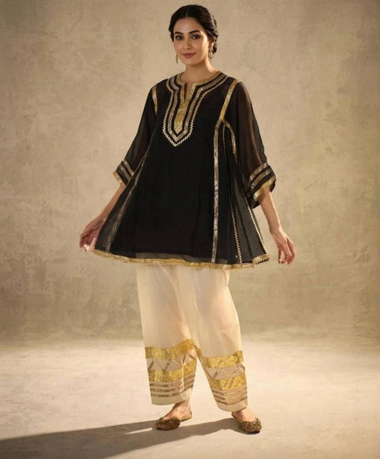 Celebrity Inspired Pure Chanderi Designer Partywear Kurta With Farshi Salwar