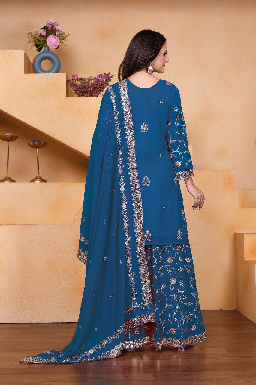 Rani Pink Embroidered Faux Georgette Palazzo Suit with Dupatta for Wedding : Punjabi Suit