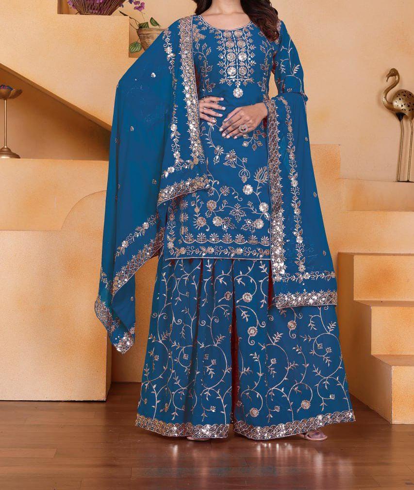 Rani Pink Embroidered Faux Georgette Palazzo Suit with Dupatta for Wedding : Punjabi Suit