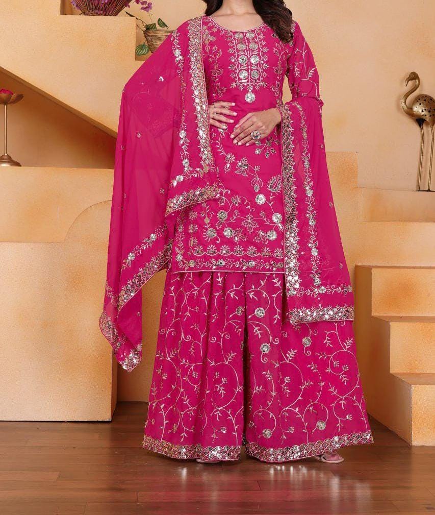 Rani Pink Embroidered Faux Georgette Palazzo Suit with Dupatta for Wedding : Punjabi Suit