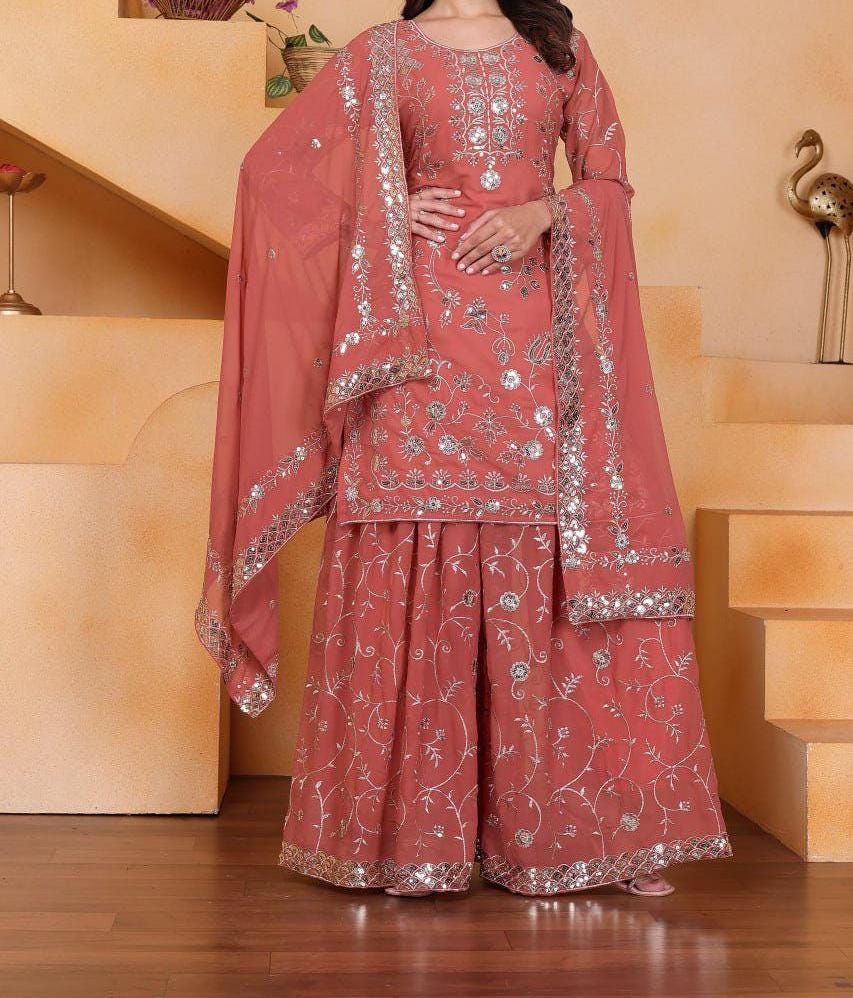 Elegant Mauve Embroidered Faux Georgette Palazzo Suit with Dupatta for Wedding