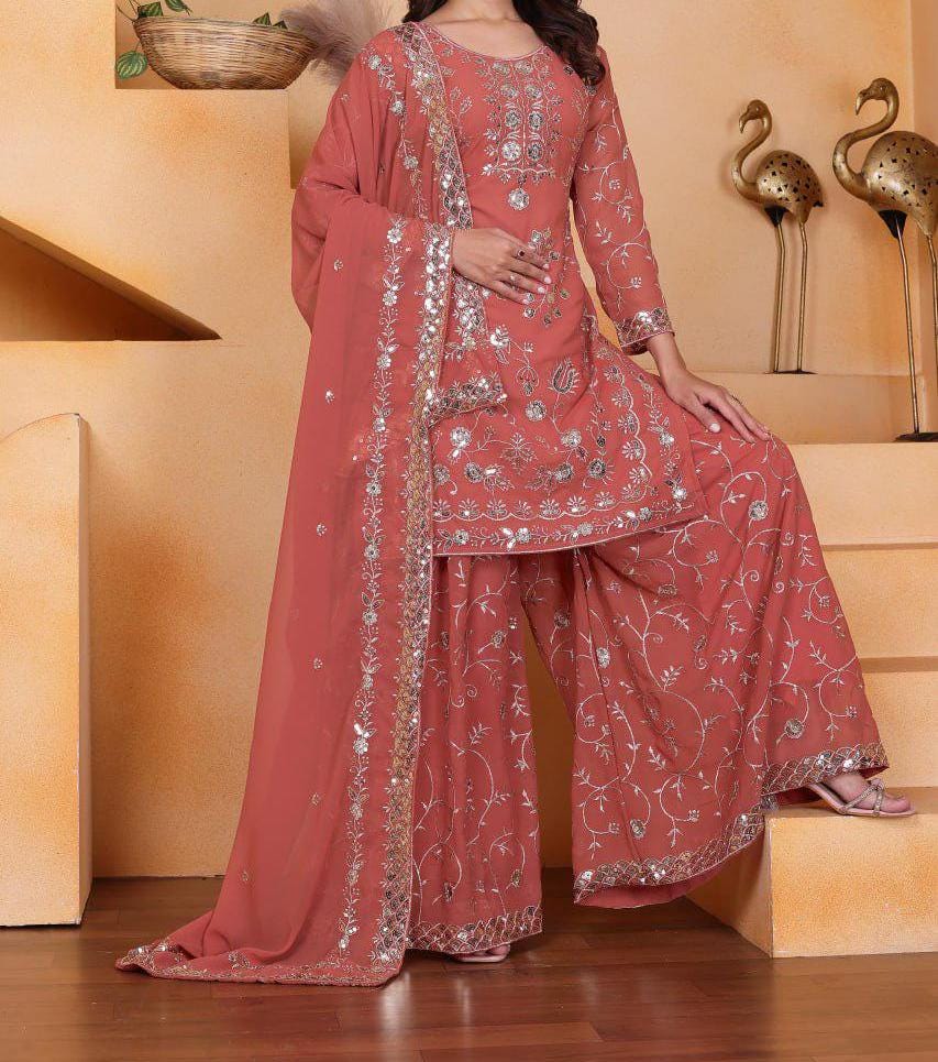 Elegant Mauve Embroidered Faux Georgette Palazzo Suit with Dupatta for Wedding