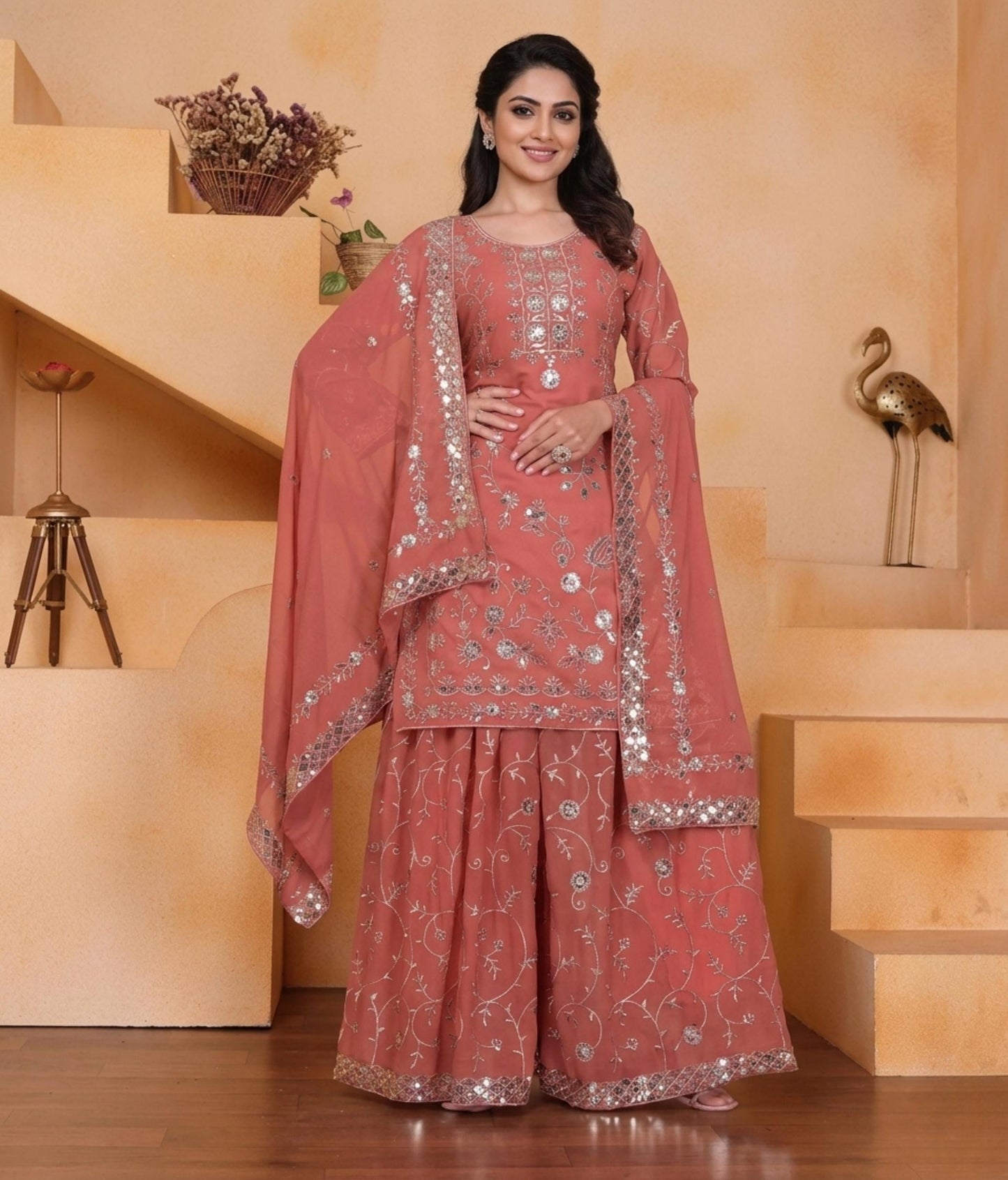 Elegant Mauve Embroidered Faux Georgette Palazzo Suit with Dupatta for Wedding