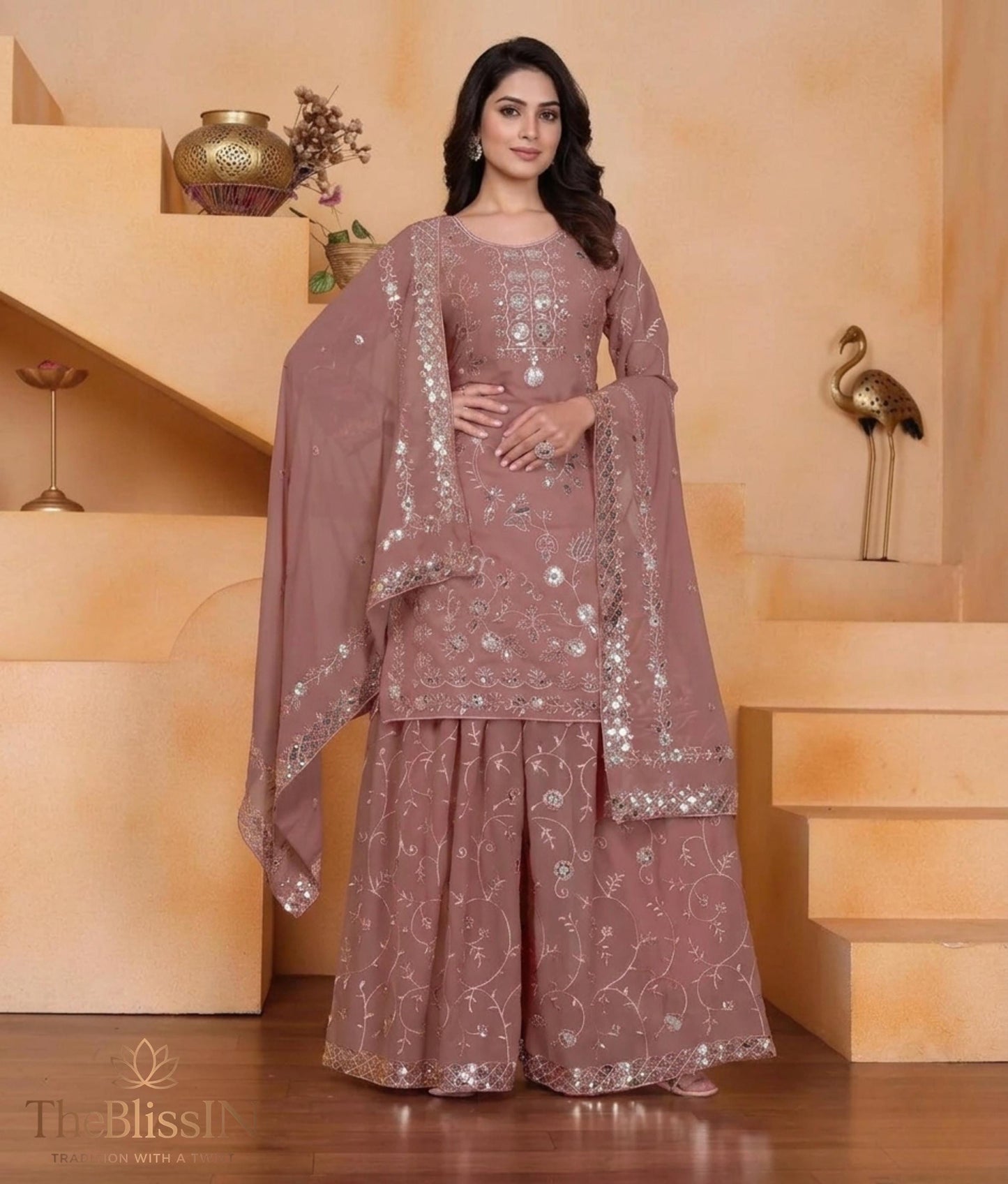 Elegant Mauve Embroidered Faux Georgette Palazzo Suit with Dupatta for Wedding