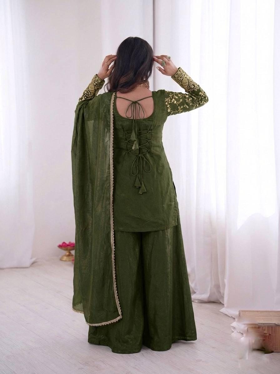 Pure Silk Kurta Palazzo Set, Heavy Sequence Embroidery, Lace Dupatta