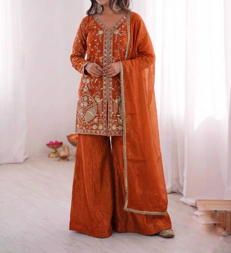 Designer Silk Suit Set with Heavy Embroidery | Kurta Palazzo with Lace Dupatta | Festive & Party Wear Outfit