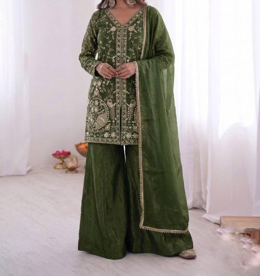 Pure Silk Kurta Palazzo Set, Heavy Sequence Embroidery, Lace Dupatta