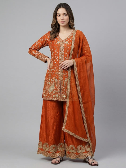 Designer Silk Suit Set with Heavy Embroidery | Kurta Palazzo with Lace Dupatta | Festive & Party Wear Outfit