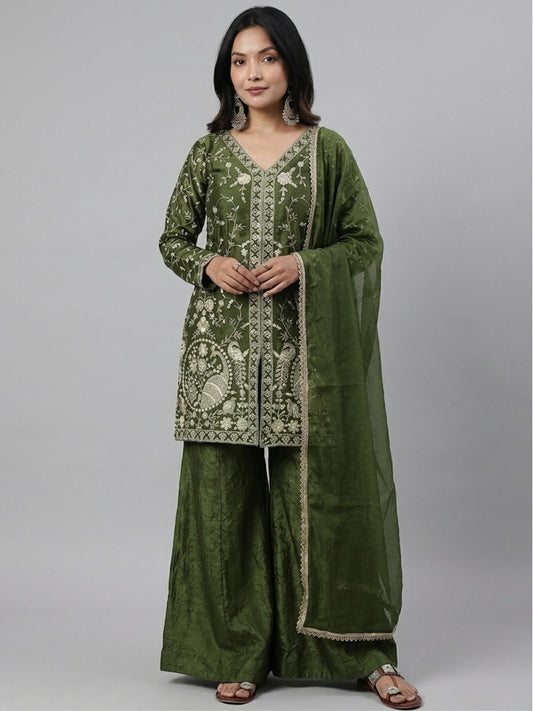 Pure Silk Kurta Palazzo Set, Heavy Sequence Embroidery, Lace Dupatta