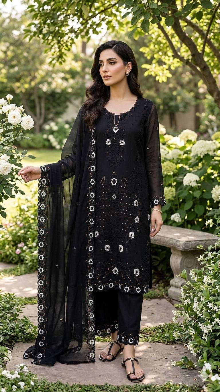 Multi Color Silk Kurta Set with Palazzo Dupatta, Thread & Sequence Work