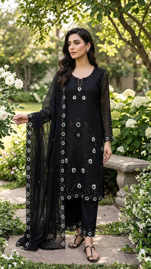 Multi Color Silk Kurta Set with Palazzo Dupatta, Thread & Sequence Work